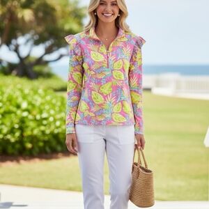 Mary Square Charleston Half Zip Long Sleeve Top Vine Time Pattern‎